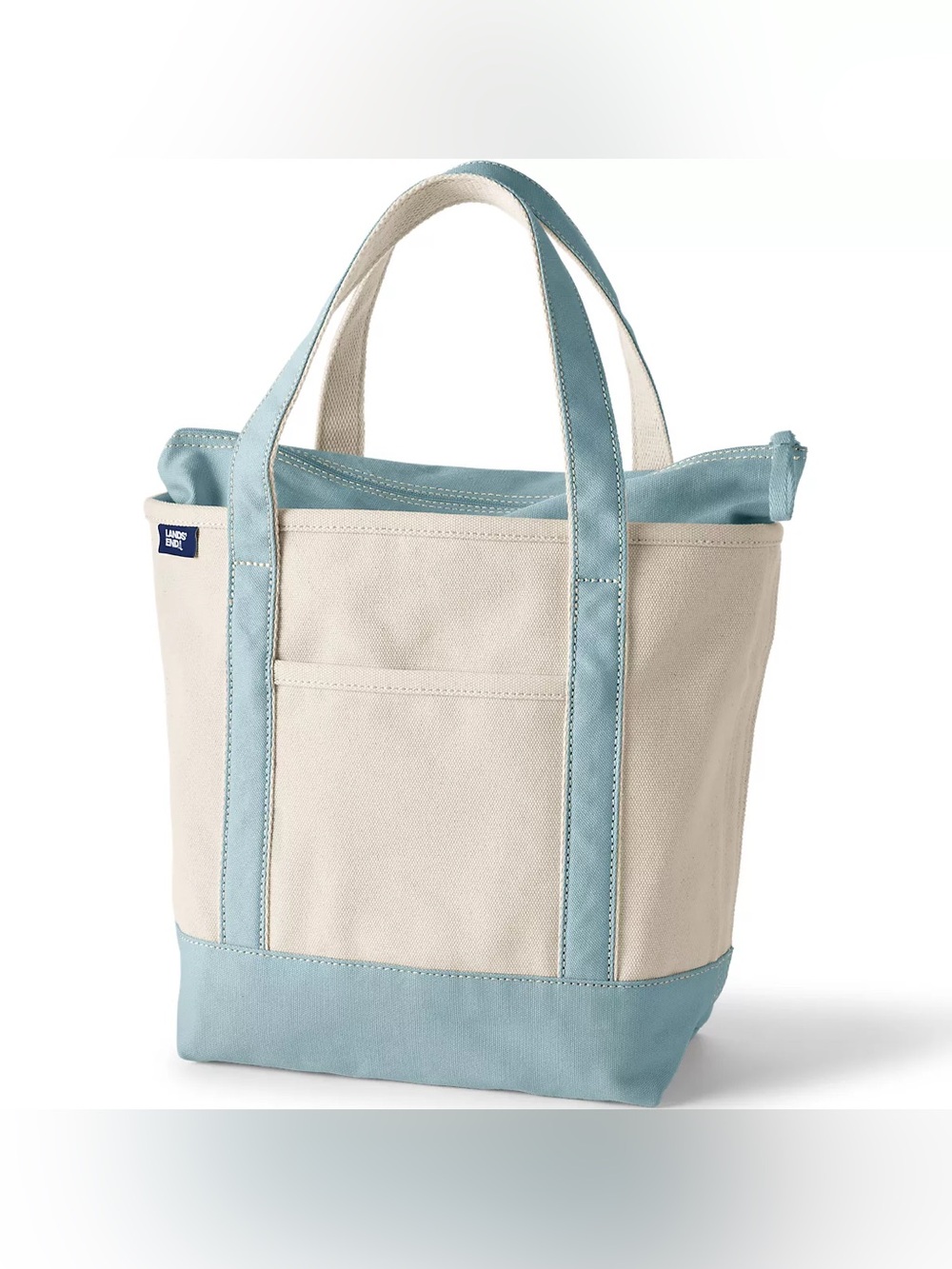 Lands End Medium 5 Pocket Zip Top Canvas Tote Bag- Natural/Pale Teal